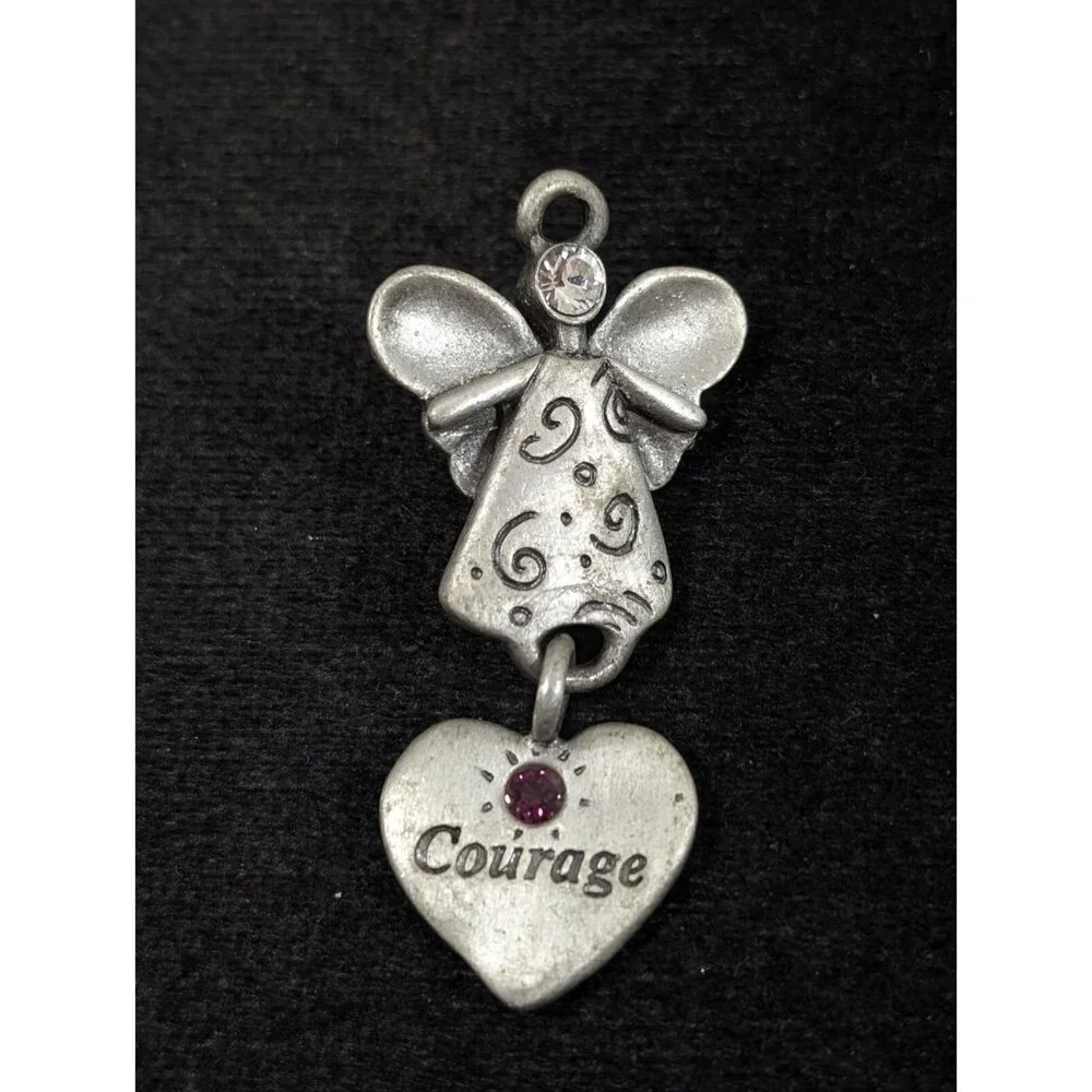 Vtg Gloria Duchin Pewter Angel Courage Charm Brooch Pin Pink Birhtstone‎